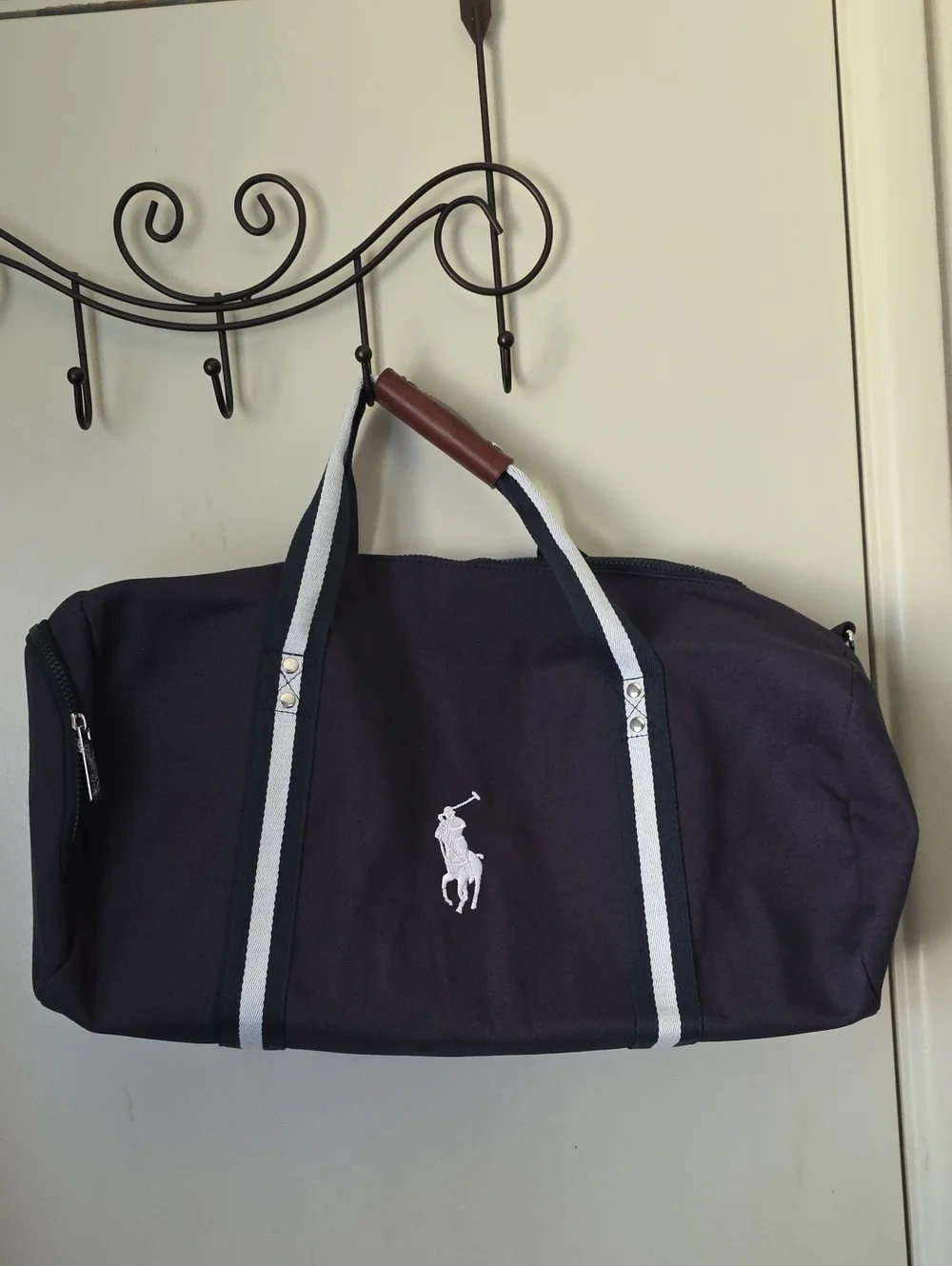 Polo by Ralph Lauren Navy Duffel with White Striped Handles and White Logo